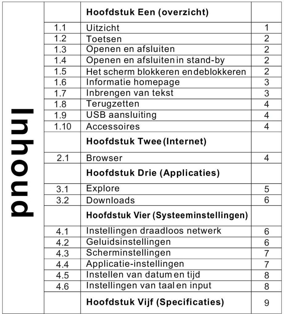 Inbrengen van tekst Terugzetten USB aansluiting Accessoires Hoofdstuk Twee (Internet) Browser Hoofdstuk Drie (Applicaties) Explore Downloads Hoofdstuk Vier