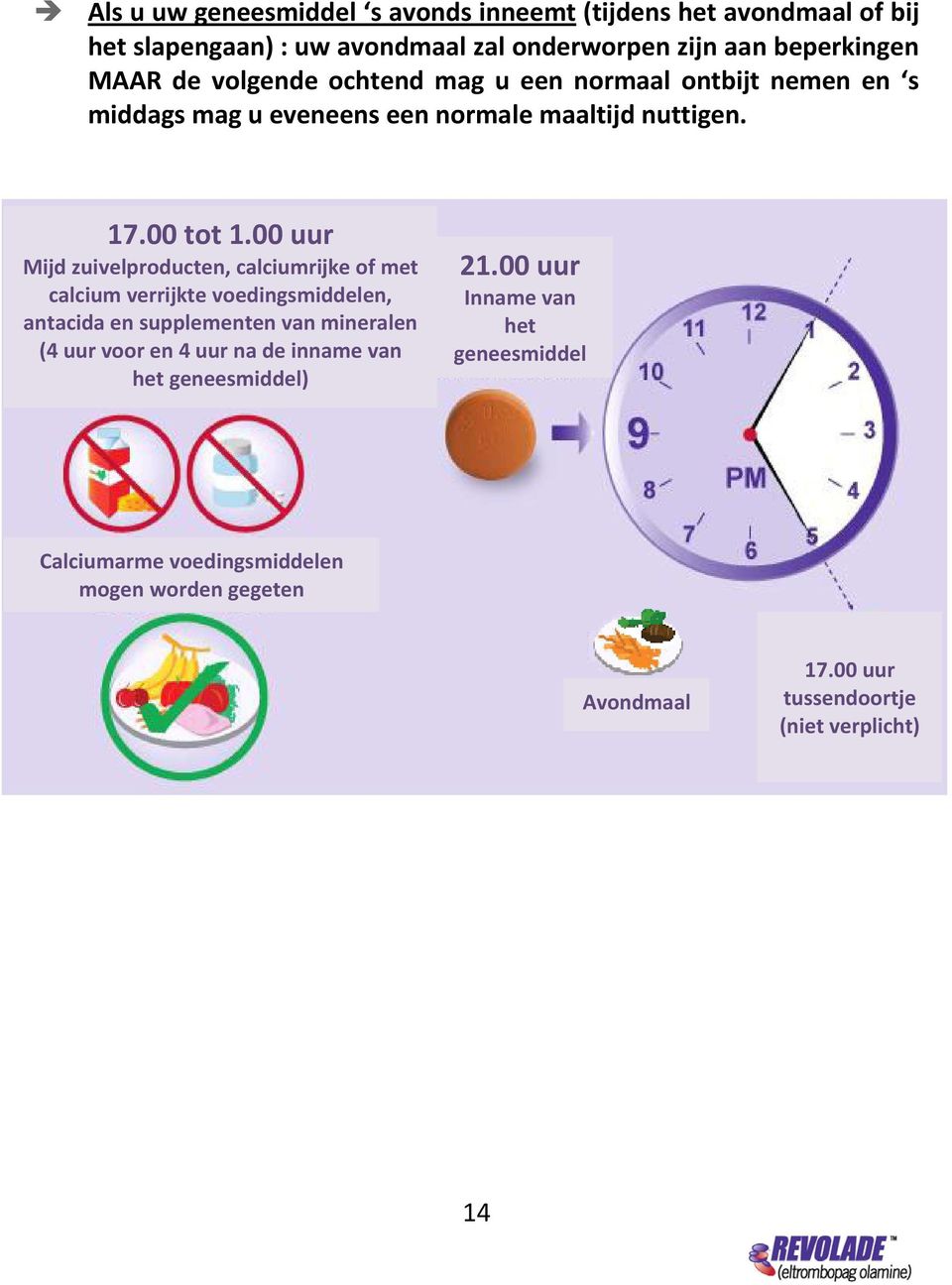 00 uur Mijd zuivelproducten, calciumrijke of met calcium verrijkte voedingsmiddelen, antacida en supplementen van mineralen (4 uur voor en 4 uur