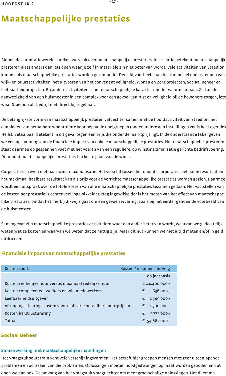 Vele activiteiten van Staedion kunnen als maatschappelijke prestaties worden gekenmerkt.