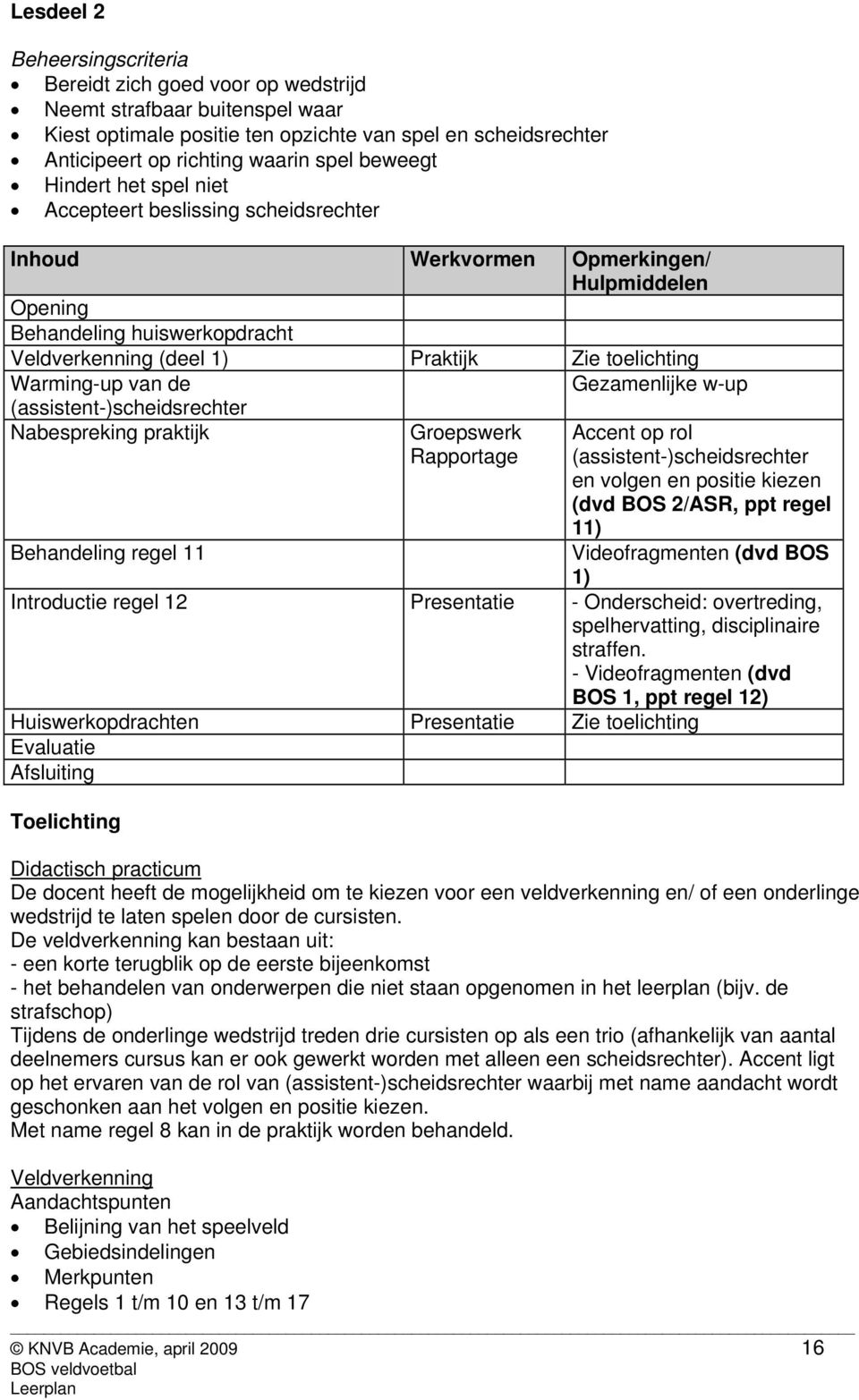 Warming-up van de Gezamenlijke w-up (assistent-)scheidsrechter Nabespreking praktijk Behandeling regel 11 Groepswerk Rapportage Accent op rol (assistent-)scheidsrechter en volgen en positie kiezen