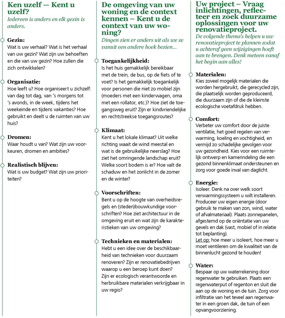 Hoe gebruikt en deelt u de ruimten van uw huis? Dromen: Waar houdt u van? Wat zijn uw voorkeuren, dromen en ambities? Realistisch blijven: Wat is uw budget? Wat zijn uw prioriteiten?