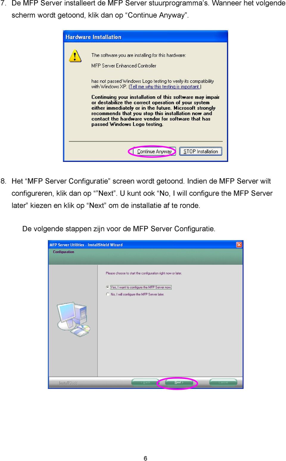 Het MFP Server Configuratie screen wordt getoond.