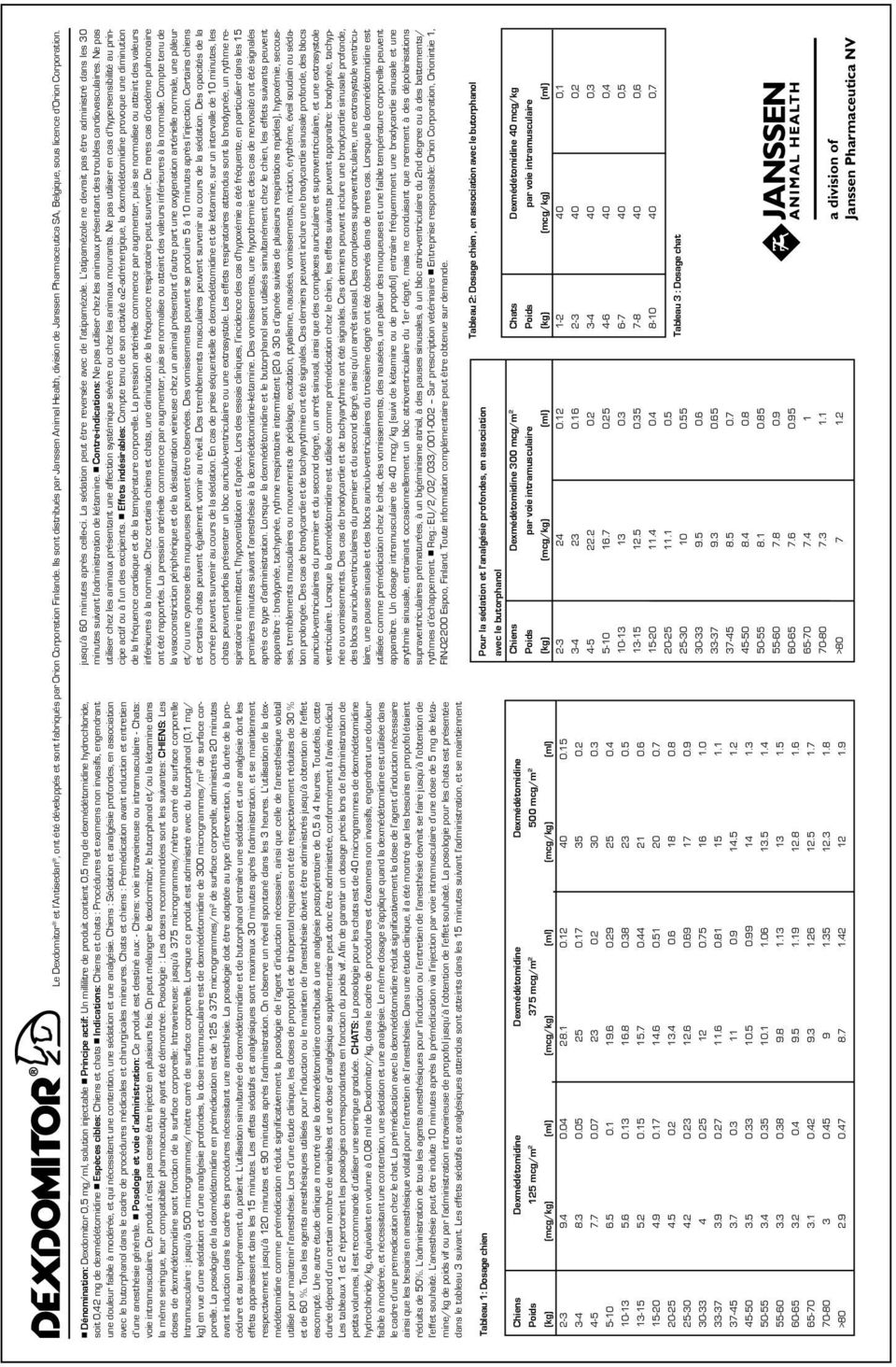 n Dénomination: Dexdomitor 0,5 mg/ml, solution injectable n Principe actif: Un millilitre de produit contient 0,5 mg de dexmédétomidine hydrochloride, soit 0,42 mg de dexmédétomidine n Espèces