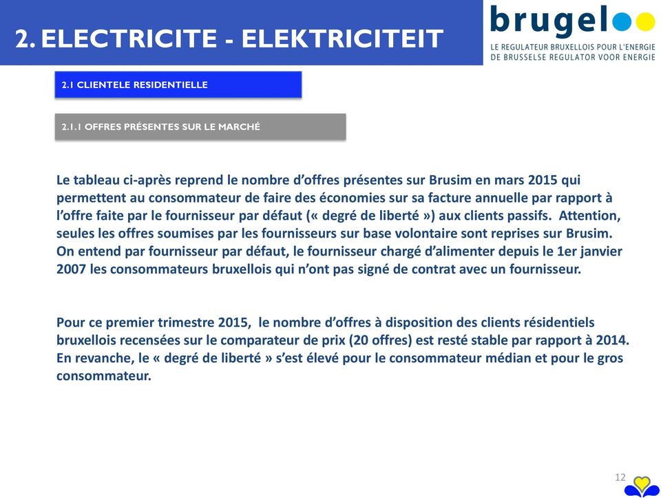 1 OFFRES PRÉSENTES SUR LE MARCHÉ Le tableau ci-après reprend le nombre d offres présentes sur Brusim en mars 2015 qui permettent au consommateur de faire des économies sur sa facture annuelle par