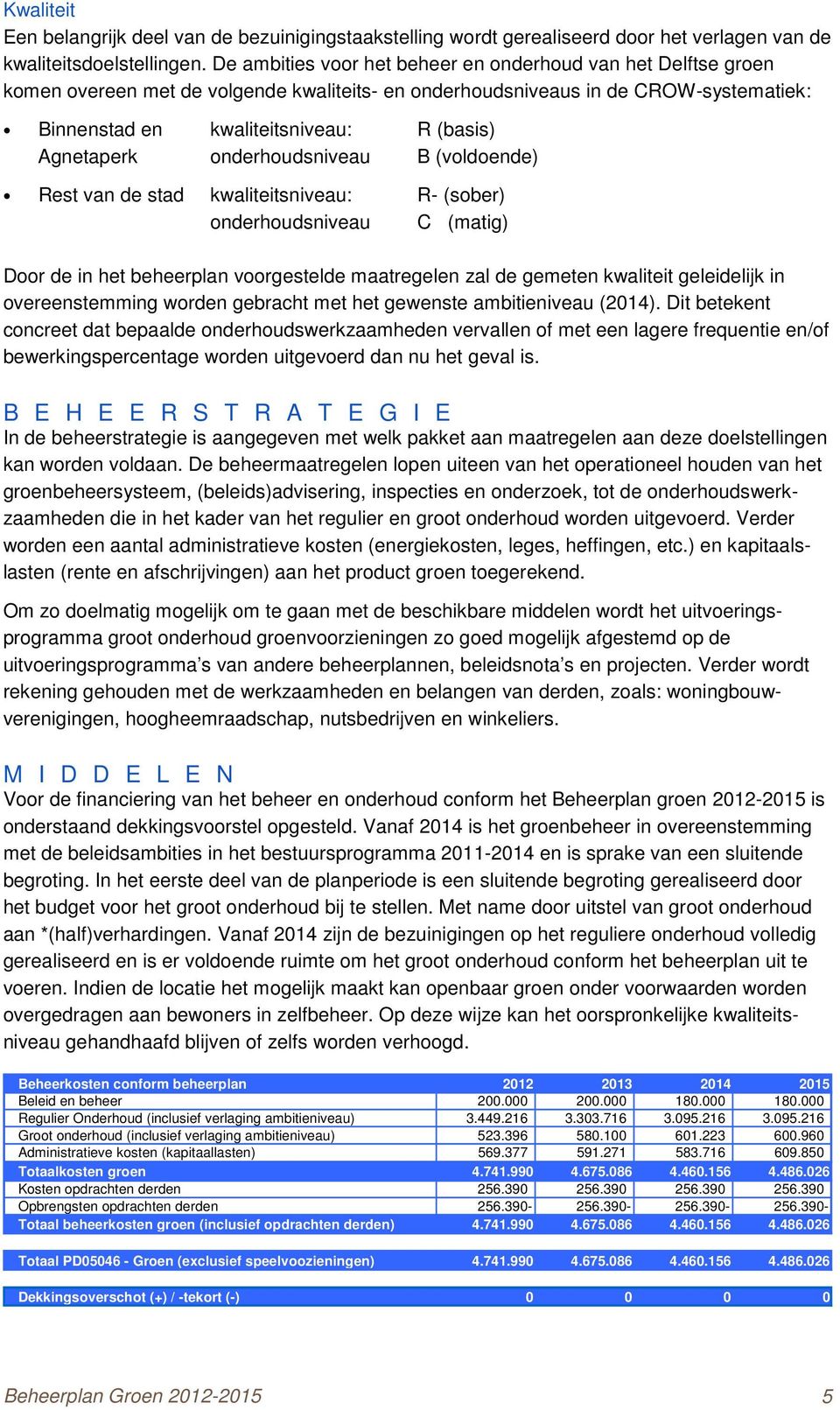 Agnetaperk onderhoudsniveau B (voldoende) Rest van de stad kwaliteitsniveau: R- (sober) onderhoudsniveau C (matig) Door de in het beheerplan voorgestelde maatregelen zal de gemeten kwaliteit