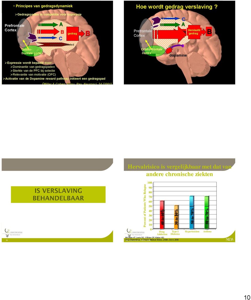 Prefrontale Cortex Orbito-frontale cortex C A B B dopamine Verslaafd gedrag B Expressie wordt bepaald door: Dominantie van gedragspaden Sterkte van de PFC bij selectie Relevantie van motivatie (OFC)