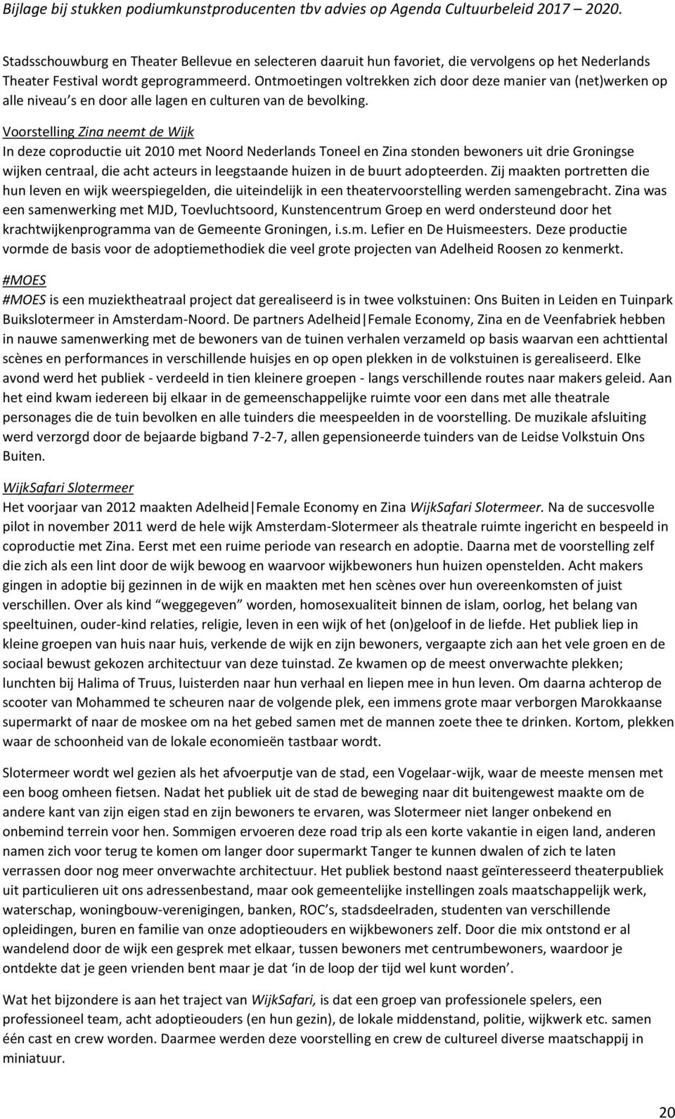 Voorstelling Zina neemt de Wijk In deze coproductie uit 2010 met Noord Nederlands Toneel en Zina stonden bewoners uit drie Groningse wijken centraal, die acht acteurs in leegstaande huizen in de