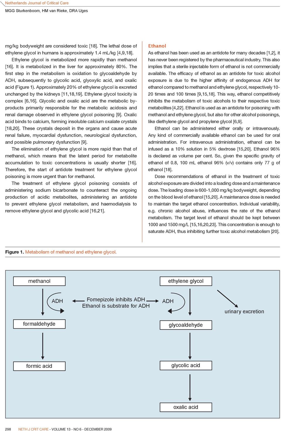 The first step in the metabolism is oxidation to glycoaldehyde by ADH, subsequently to glycolic acid, glyoxylic acid, and oxalic acid (Figure 1).