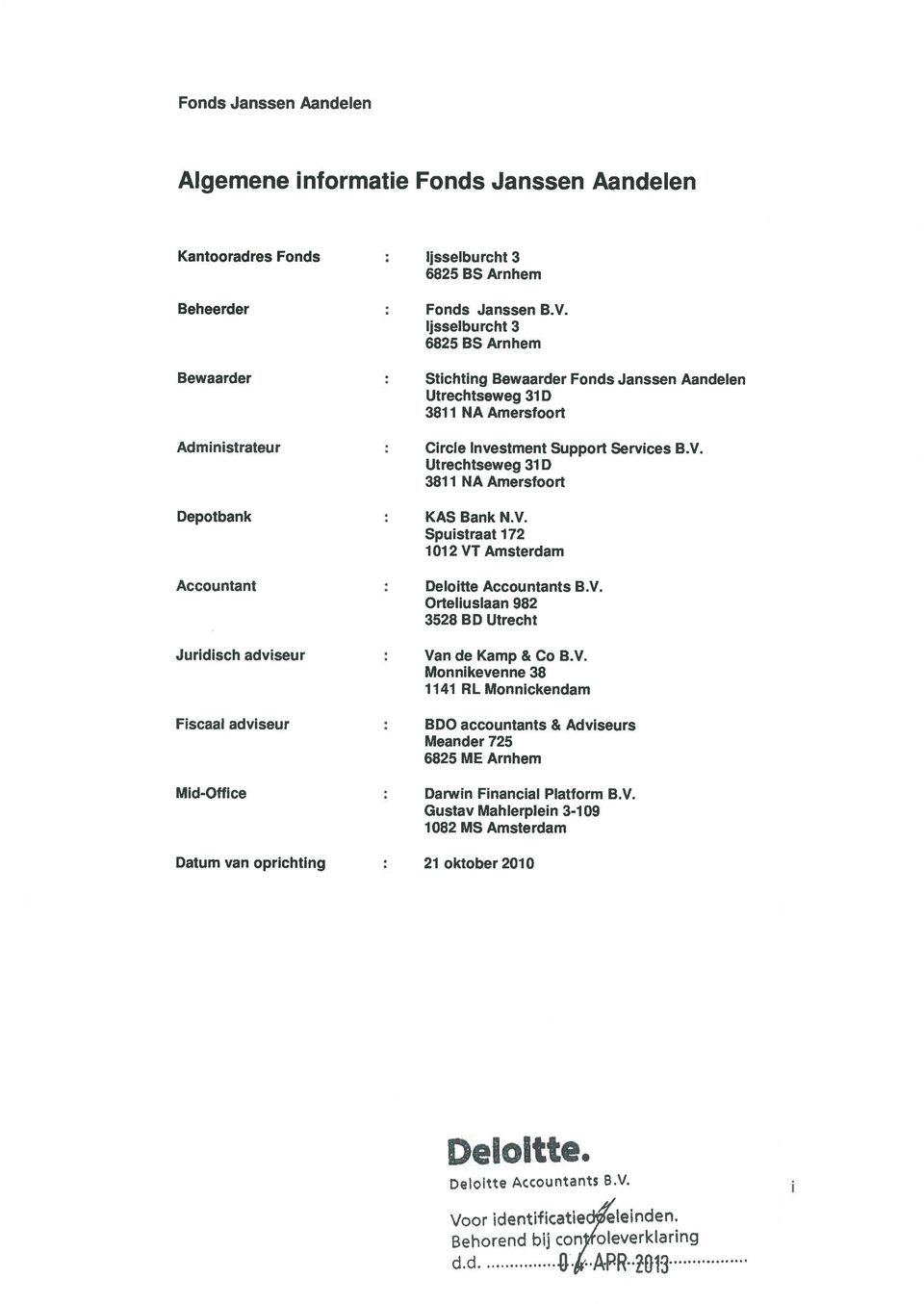 Utrechtseweg 31 D 3811 NA Amersfoort Depotbank : KAS Bank N.V. Spuistraat 172 1012 VT Amsterdam Accountant Deloitte Accountants B.V. Orteliuslaan 982 3528 BD Utrecht Juridisch adviseur : Van de Kamp & Co B.