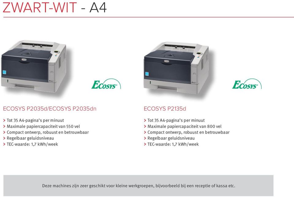 A4-pagina s per minuut Maximale papiercapaciteit van 800 vel Compact ontwerp, robuust en betrouwbaar Regelbaar