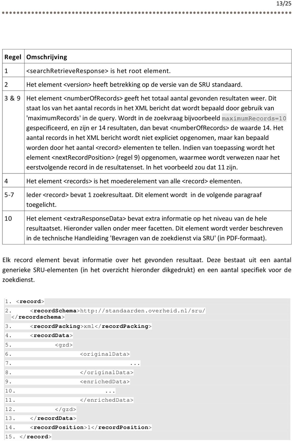 Dit staat los van het aantal records in het XML bericht dat wordt bepaald door gebruik van 'maximumrecords' in de query.