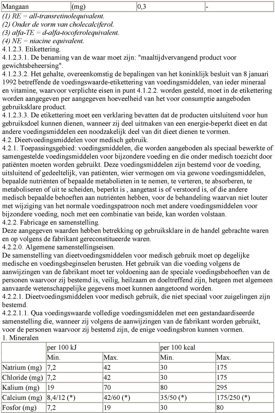 3.2. Het gehalte, overeenkomstig de bepalingen van het koninklijk besluit van 8 januari 1992 betreffende de voedingswaarde-etikettering van voedingsmiddelen, van ieder mineraal en vitamine, waarvoor