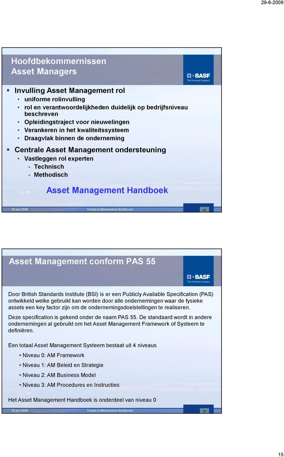 Trends in Maintenance Eindhoven 29 Asset Management conform PAS 55 Door British Standards Institute (BSI) is er een Publicly Available Specification (PAS) ontwikkeld welke gebruikt kan worden door