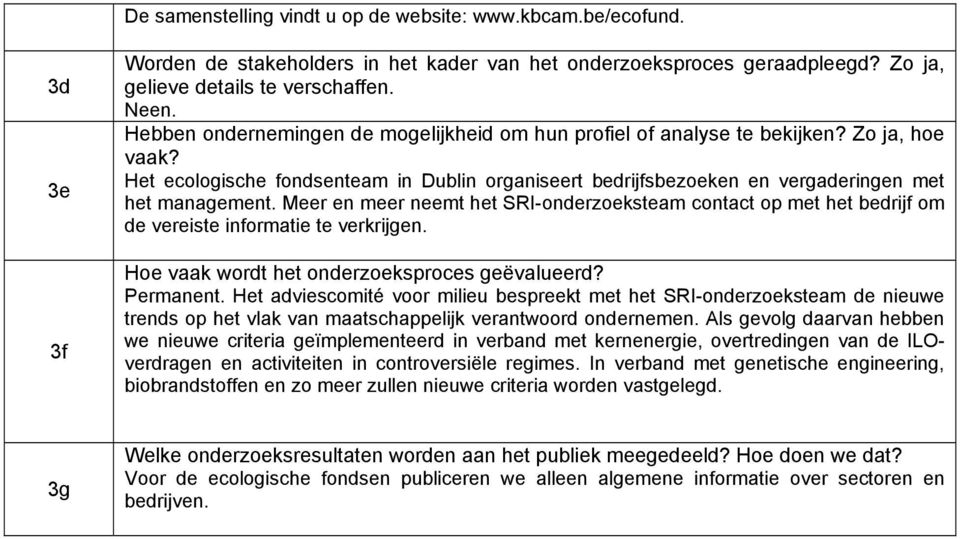 Meer en meer neemt het SRI-onderzoeksteam contact op met het bedrijf om de vereiste informatie te verkrijgen. Hoe vaak wordt het onderzoeksproces geëvalueerd? Permanent.