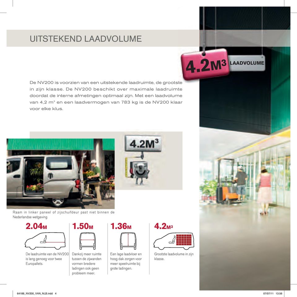 Raam i liker paeel of zijschuifdeur past iet bie de Nederladse wetgevig 2.04M 1.50M 1.36M 4.2M 3 De laadruimte va de NV200 is lag geoeg voor twee Europallets.