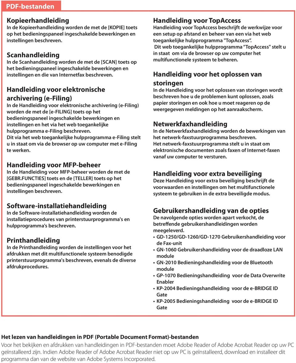 Handleiding voor elektronische archivering (e-filing) In de Handleiding voor elektronische archivering (e-filing) worden de met de [e-filing] toets op het bedieningspaneel ingeschakelde bewerkingen