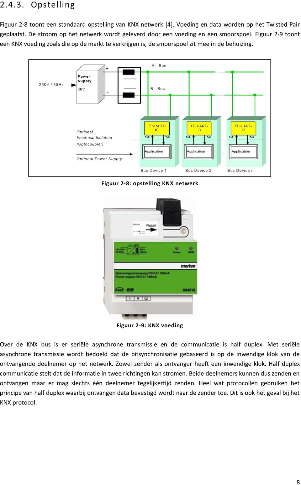 Figuur 2-8: opstelling KNX netwerk Figuur 2-9: KNX voeding Over de KNX bus is er seriële asynchrone transmissie en de communicatie is half duplex.