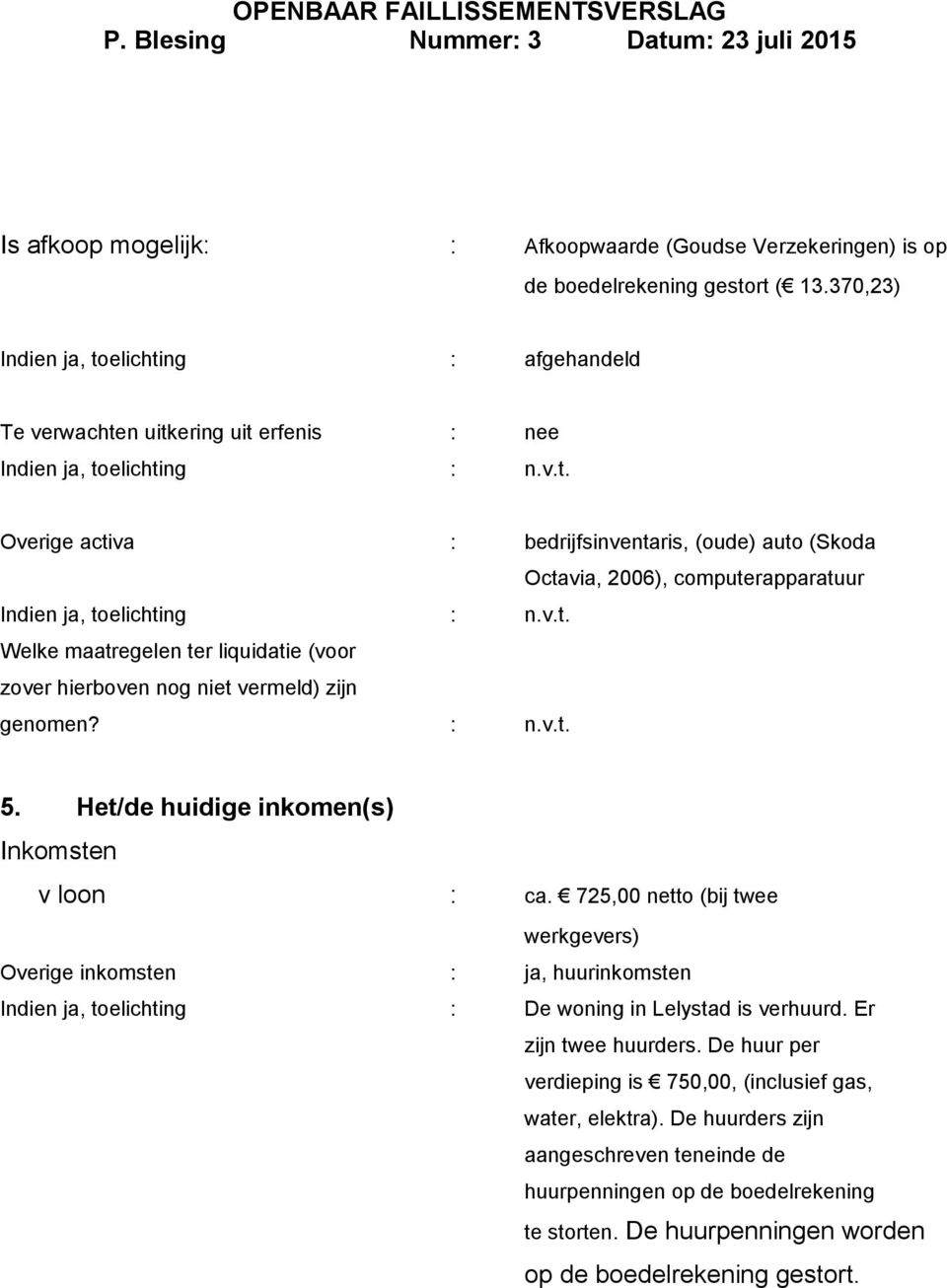 v.t. Welke maatregelen ter liquidatie (voor zover hierboven nog niet vermeld) zijn genomen? : n.v.t. 5. Het/de huidige inkomen(s) Inkomsten v loon : ca.