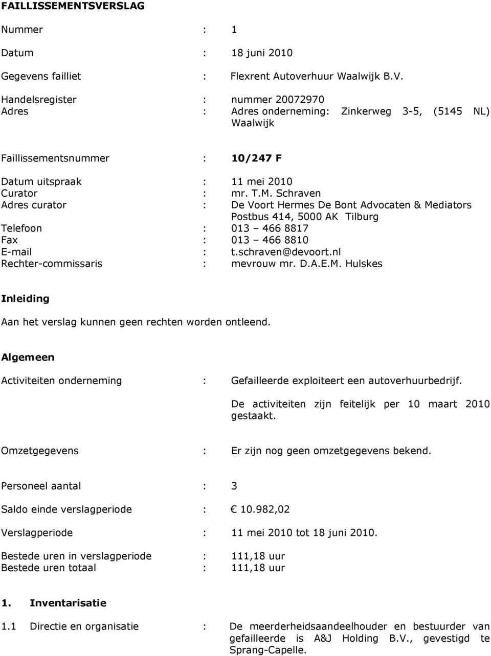 nl Rechter-commissaris : mevrouw mr. D.A.E.M. Hulskes Inleiding Aan het verslag kunnen geen rechten worden ontleend.