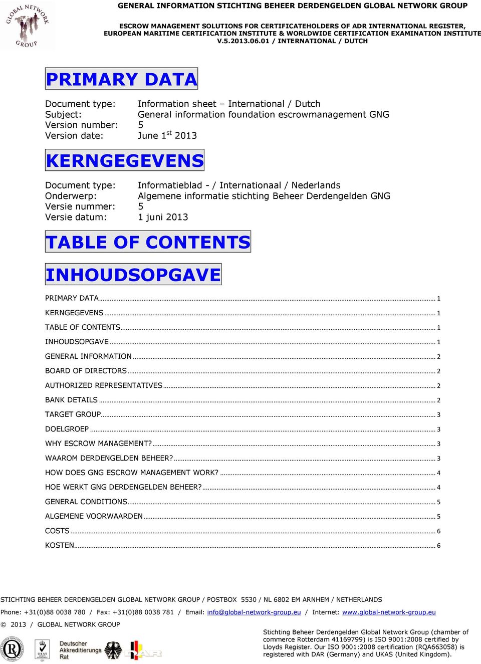 PRIMARY DATA... 1 KERNGEGEVENS... 1 TABLE OF CONTENTS... 1 INHOUDSOPGAVE... 1 GENERAL INFORMATION... 2 BOARD OF DIRECTORS... 2 AUTHORIZED REPRESENTATIVES... 2 BANK DETAILS... 2 TARGET GROUP.