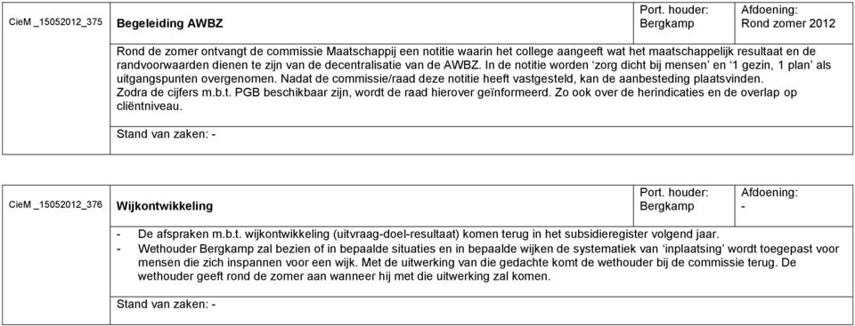 Nadat de commissie/raad deze notitie heeft vastgesteld, kan de aanbesteding plaatsvinden. Zodra de cijfers m.b.t. PGB beschikbaar zijn, wordt de raad hierover geïnformeerd.