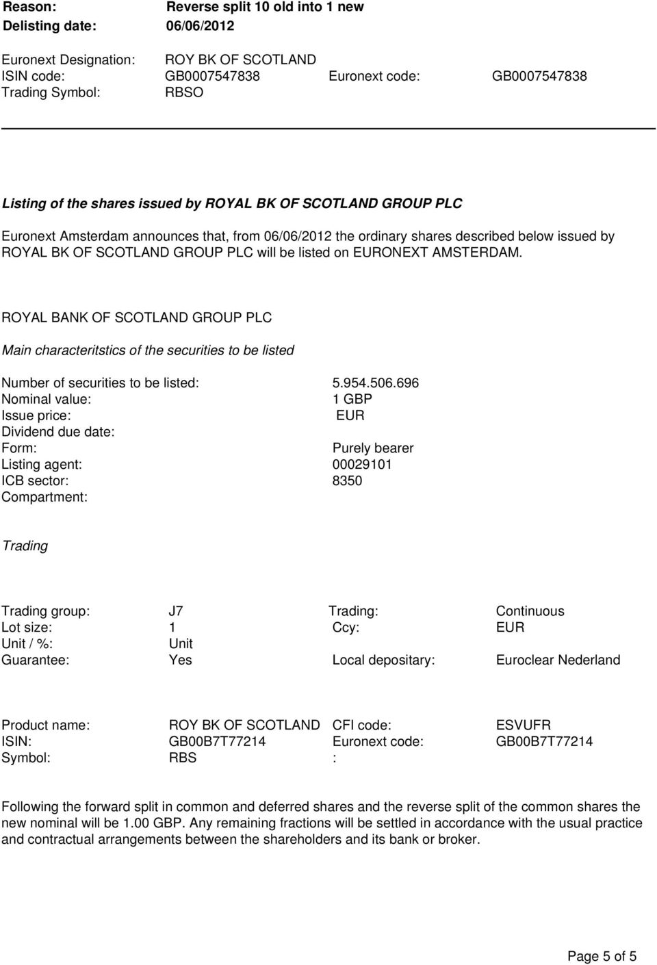 ROYAL BANK OF SCOTLAND GROUP PLC Main characteritstics of the securities to be listed Number of securities to be listed: 5.954.506.