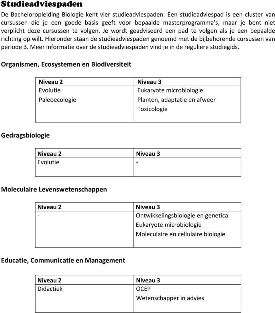 Je wordt geadviseerd een pad te volgen als je een bepaalde richting op wilt. Hieronder staan de studieadviespaden genoemd met de bijbehorende cursussen van periode 3.