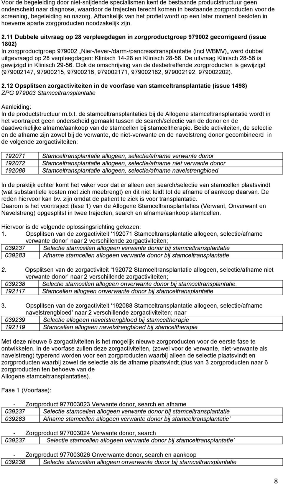 11 Dubbele uitvraag op 28 verpleegdagen in zorgproductgroep 979002 gecorrigeerd (issue 1802) In zorgproductgroep 979002 Nier-/lever-/darm-/pancreastransplantatie (incl WBMV) werd dubbel uitgevraagd