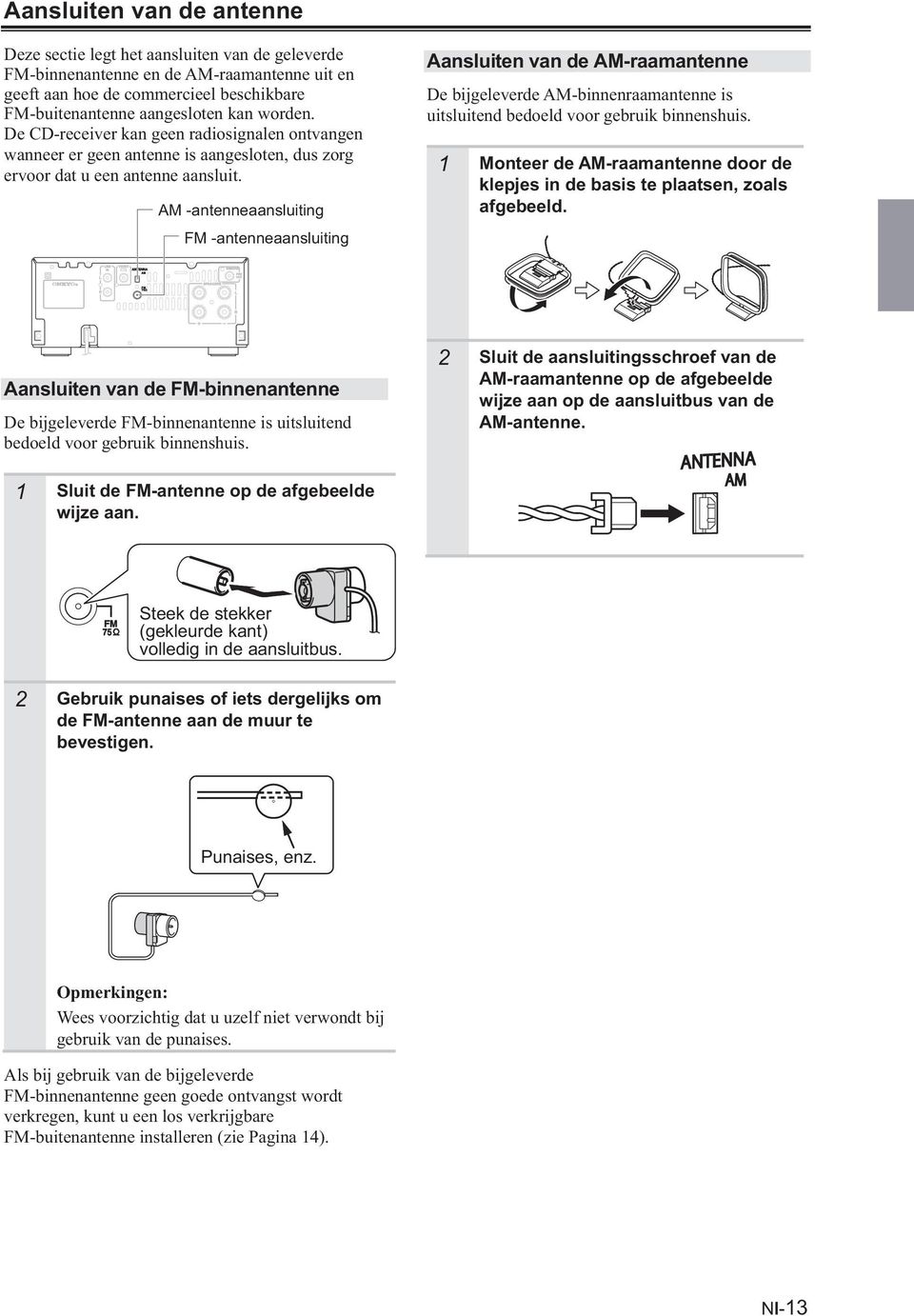 AM -antenneaansluiting FM -antenneaansluiting Aansluiten van de AM-raamantenne De bijgeleverde AM-binnenraamantenne is uitsluitend bedoeld voor gebruik binnenshuis.