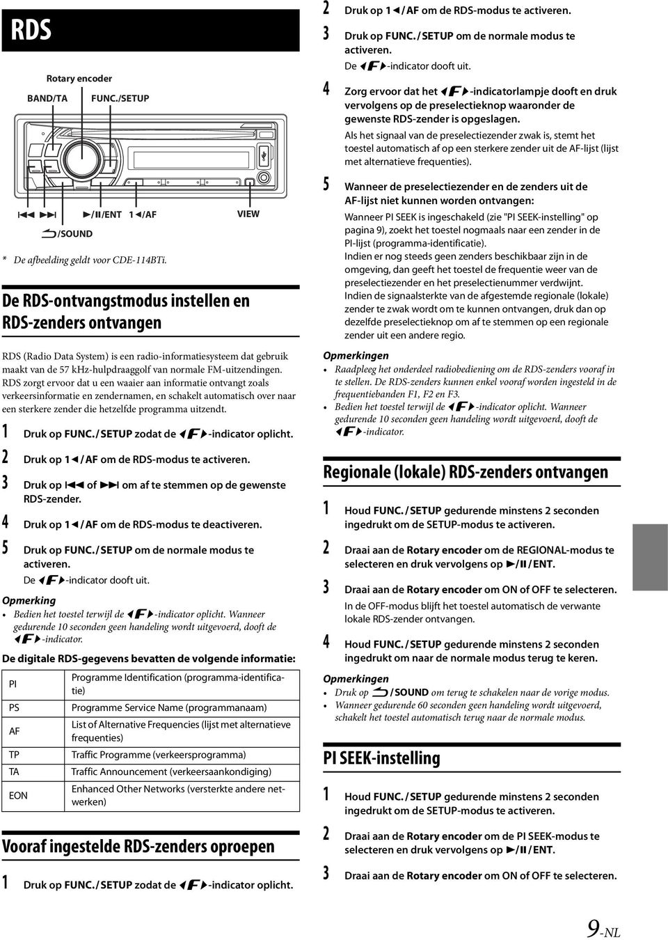 RDS zorgt ervoor dat u een waaier aan informatie ontvangt zoals verkeersinformatie en zendernamen, en schakelt automatisch over naar een sterkere zender die hetzelfde programma uitzendt.