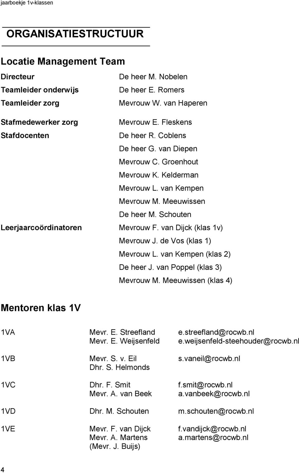 Meeuwissen De heer M. Schouten Leerjaarcoördinatoren Mevrouw F. van Dijck (klas 1v) Mevrouw J. de Vos (klas 1) Mevrouw L. van Kempen (klas 2) De heer J. van Poppel (klas 3) Mevrouw M.