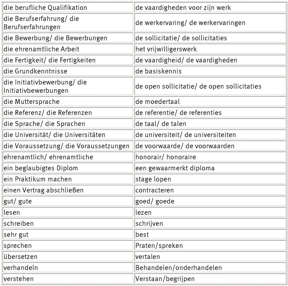 werkervaring/ de werkervaringen de sollicitatie/ de sollicitaties het vrijwilligerswerk de vaardigheid/ de vaardigheden de basiskennis de open sollicitatie/ de open sollicitaties de moedertaal de