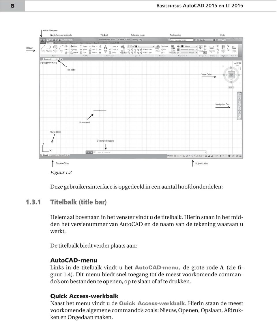 De titelbalk biedt verder plaats aan: AutoCAD-menu Links in de titelbalk vindt u het AutoCAD-menu, de grote rode A (zie figuur 1.4).