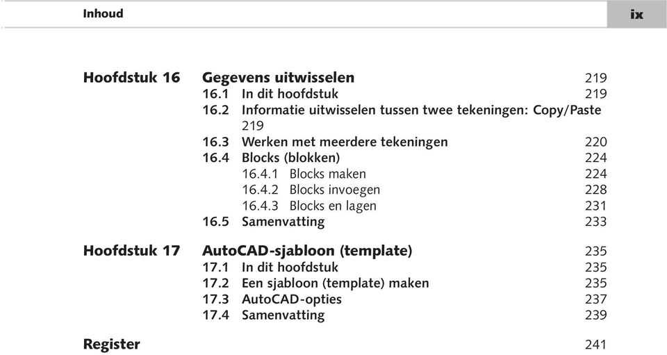 4 Blocks (blokken) 224 16.4.1 Blocks maken 224 16.4.2 Blocks invoegen 228 16.4.3 Blocks en lagen 231 16.