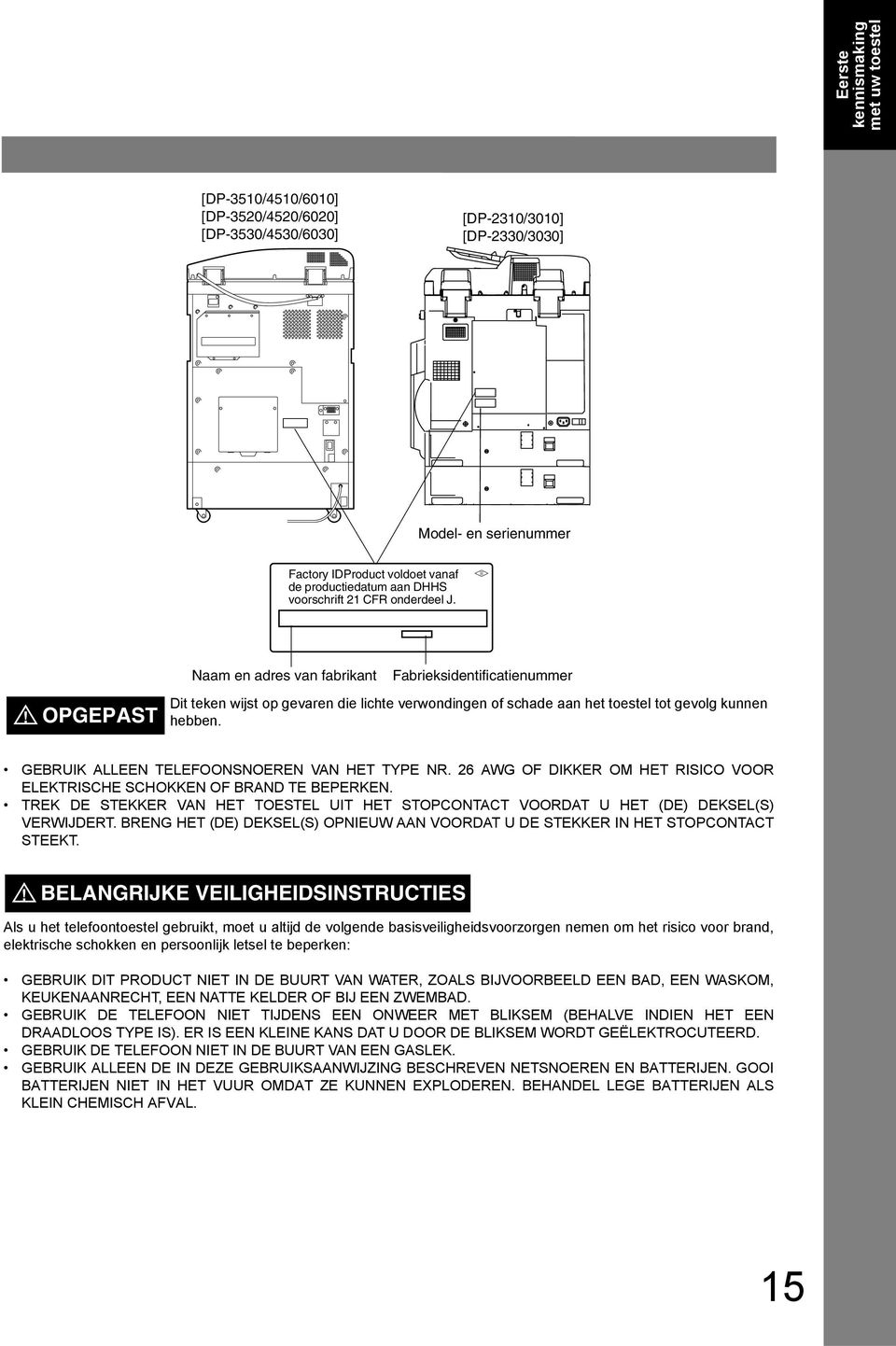 ! OPGEPAST Naam en adres van fabrikant Fabrieksidentificatienummer Dit teken wijst op gevaren die lichte verwondingen of schade aan het toestel tot gevolg kunnen hebben.