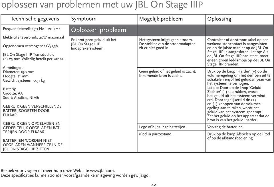 GEEN VERSCHILLENDE BATTERIJSOORTEN DOOR ELKAAR. GEBRUIK GEEN OPGELADEN EN GEDEELTELIJK OPGELADEN BAT- TERIJEN DOOR ELKAAR. BATTERIJEN WORDEN NIET OPGELADEN WANNEER ZE IN DE JBL ON STAGE IIIP ZITTEN.