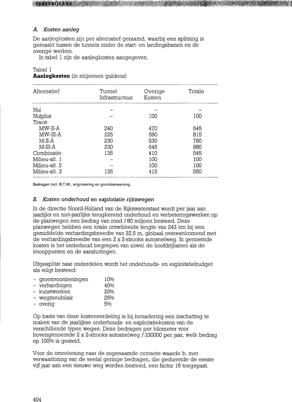 Tabel 1 Aanlegkosten (in miljoenen guldens) Alternatief Tunnel Overige Totale Infrastructuur Kosten Nul Nulplus Tracé MWIIA MWÏÏIA MIIA MIIIA Combinatie Milieualt. 1 Milieualt. 2 Milieualt.