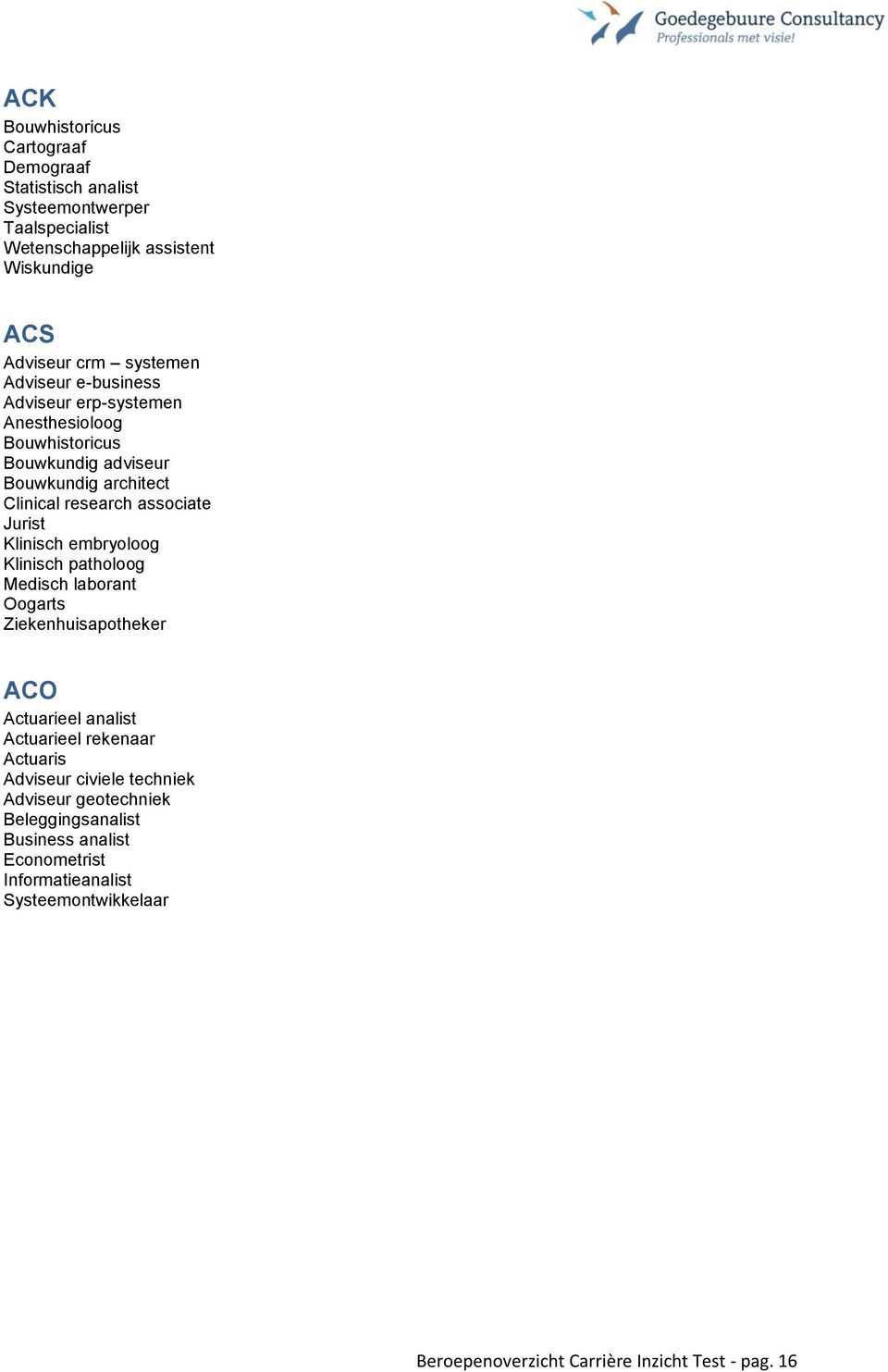 Klinisch embryoloog Klinisch patholoog Medisch laborant Oogarts Ziekenhuisapotheker ACO Actuarieel analist Actuarieel rekenaar Actuaris Adviseur civiele