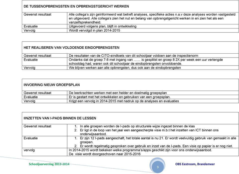 Uitgevoerd volgens plan, blijft in ontwikkeling Vervolg Wordt vervolgd in plan 2014-2015 HET REALISEREN VAN VOLDOENDE EINDOPBRENGSTEN Vervolg De resultaten van de CITO-eindtoets van dit schooljaar