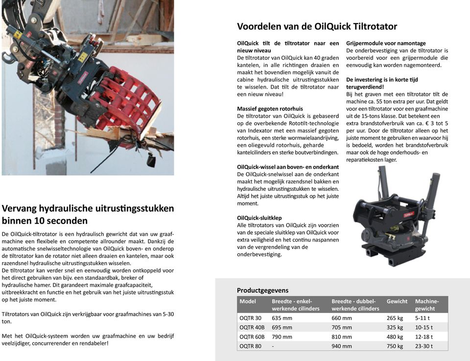 Dankzij de automatische snelwisseltechnologie van OilQuick boven- en onderop de tiltrotator kan de rotator niet alleen draaien en kantelen, maar ook razendsnel hydraulische uitrustingsstukken