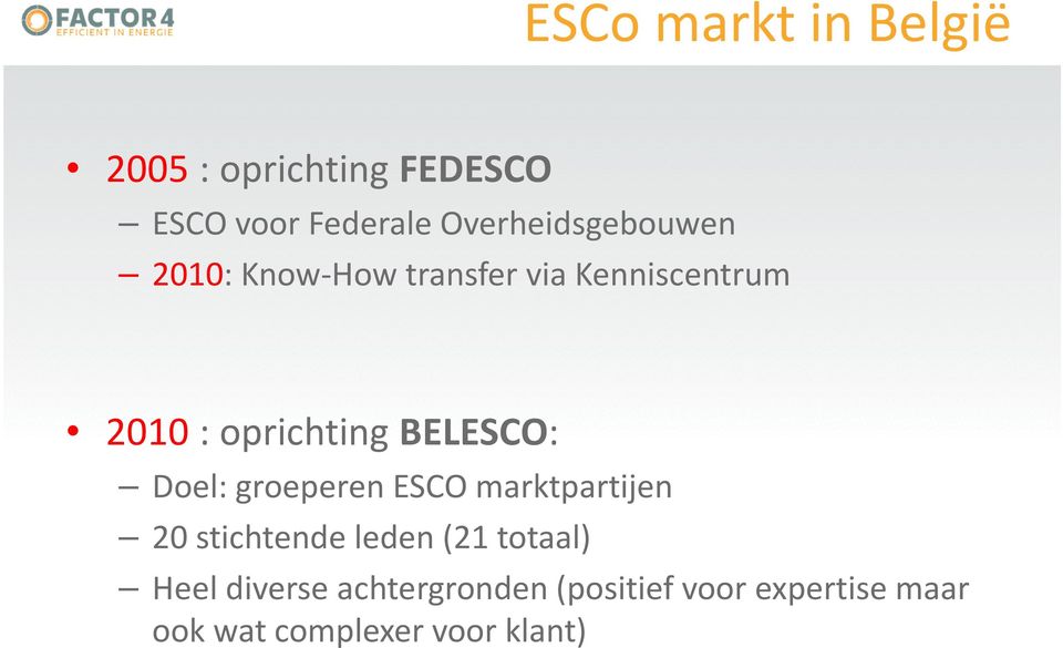 oprichting BELESCO: Doel: groeperen ESCO marktpartijen 20 stichtende leden