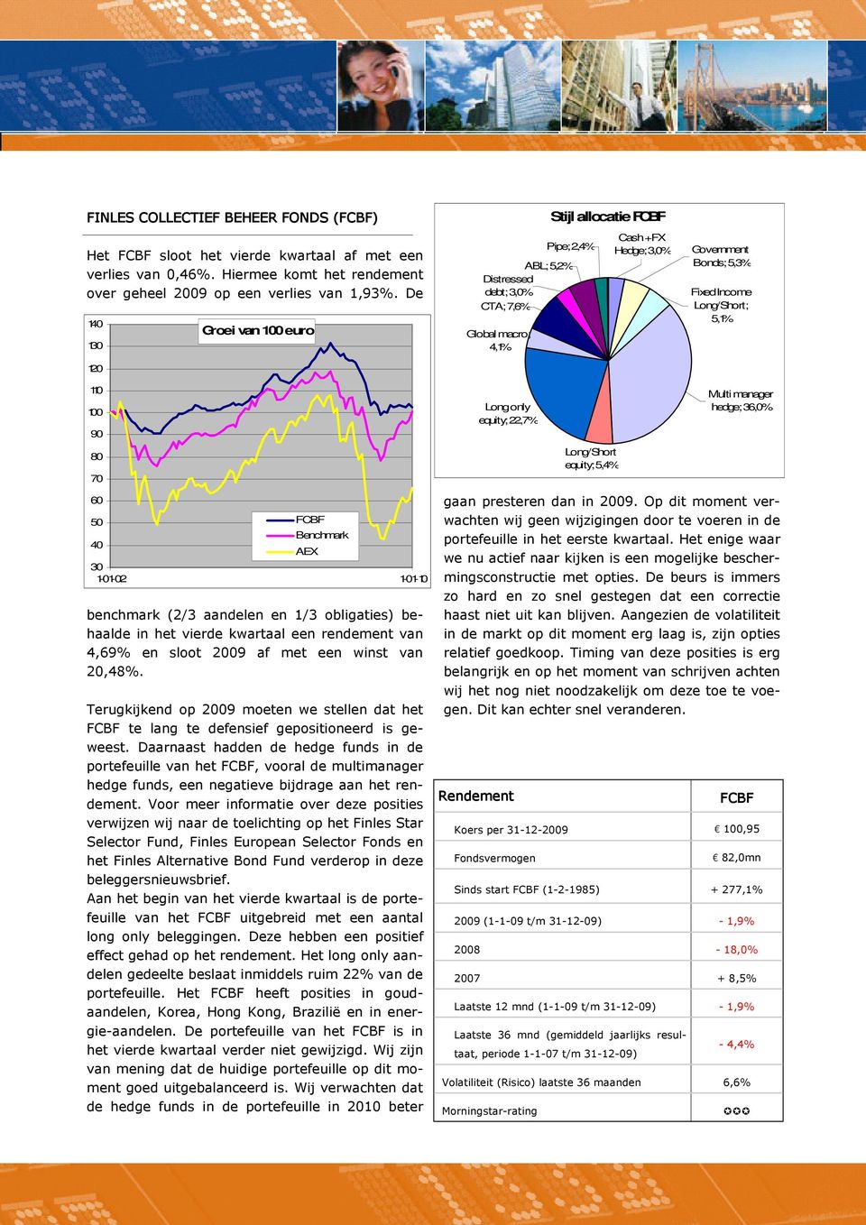 40 FCBF Benchmark AEX 30 1-01-02 1-01-10 benchmark (2/3 aandelen en 1/3 obligaties) behaalde in het vierde kwartaal een rendement van 4,69% en sloot 2009 af met een winst van 20,48%.