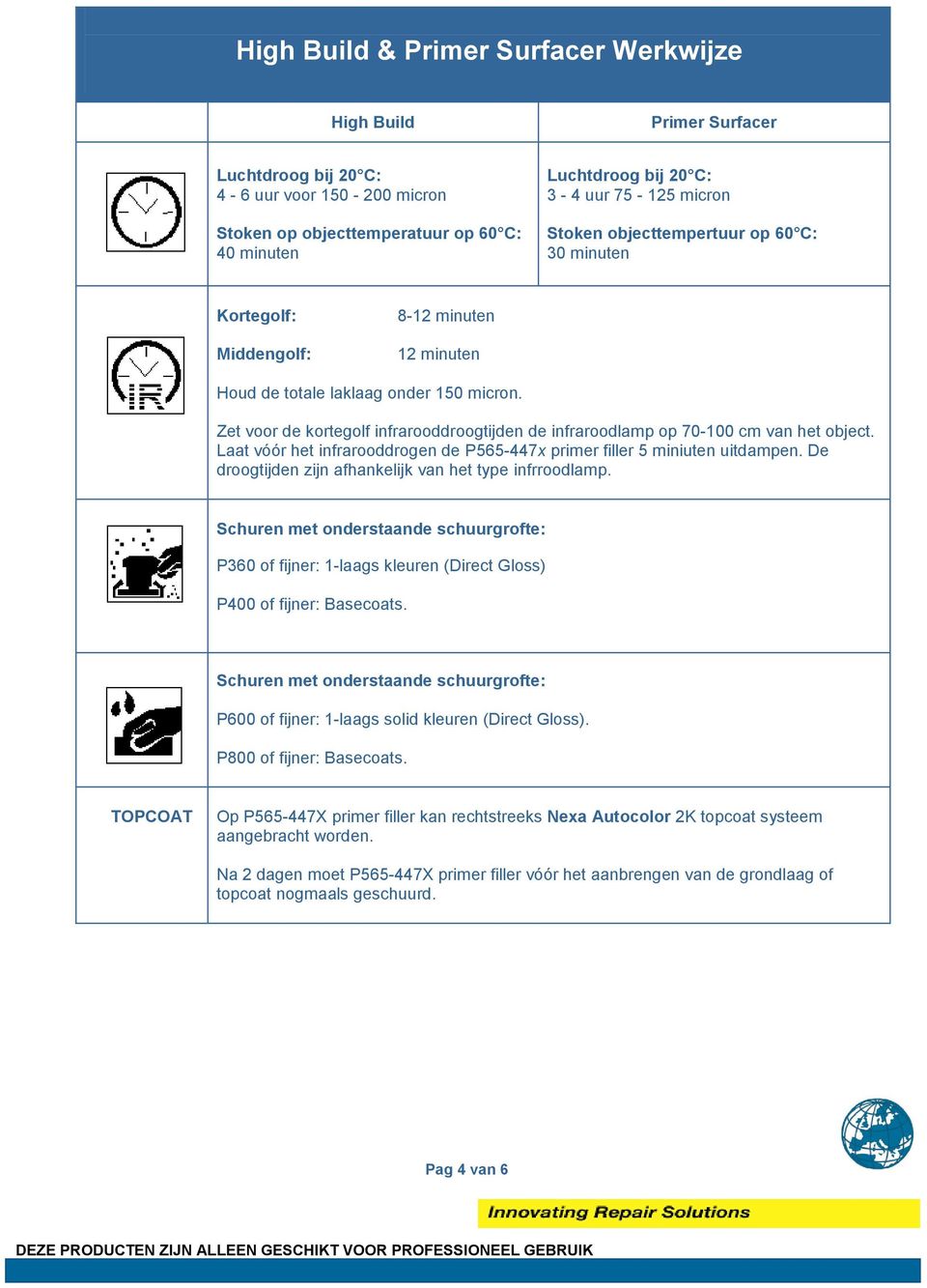 Zet voor de kortegolf infrarooddroogtijden de infraroodlamp op 70-100 cm van het object. Laat vóór het infrarooddrogen de P565-447x primer filler 5 miniuten uitdampen.