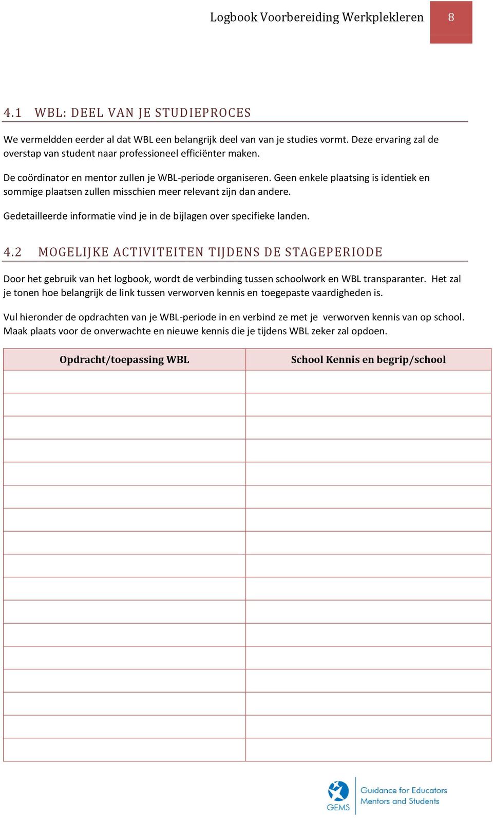 Geen enkele plaatsing is identiek en sommige plaatsen zullen misschien meer relevant zijn dan andere. Gedetailleerde informatie vind je in de bijlagen over specifieke landen. 4.