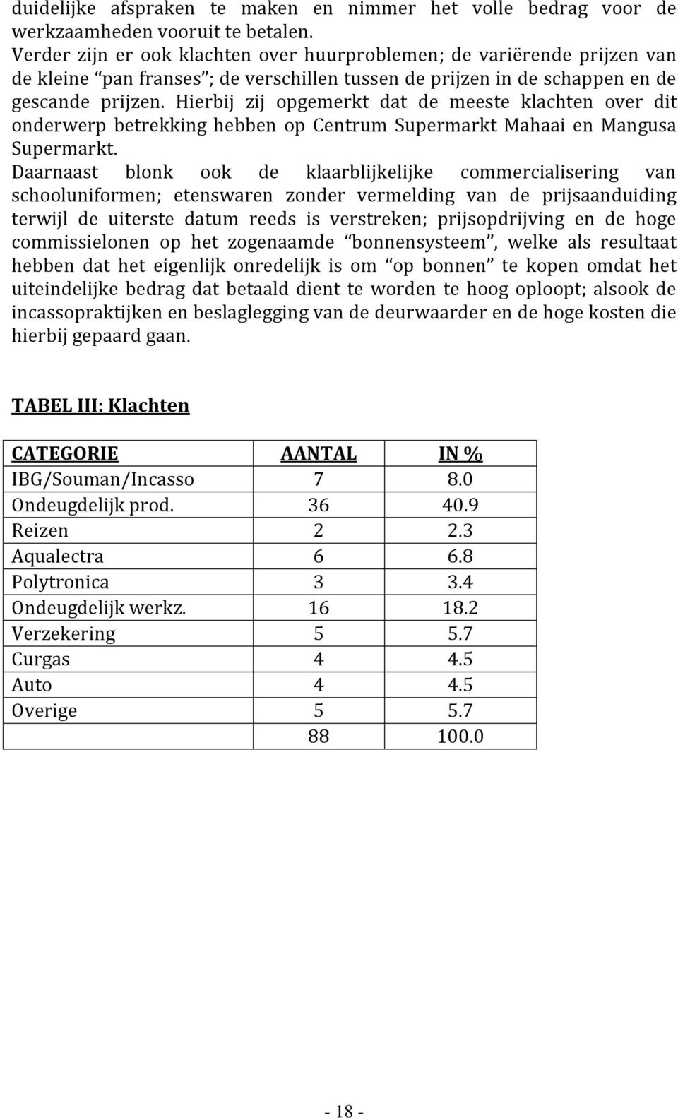 Hierbij zij opgemerkt dat de meeste klachten over dit onderwerp betrekking hebben op Centrum Supermarkt Mahaai en Mangusa Supermarkt.