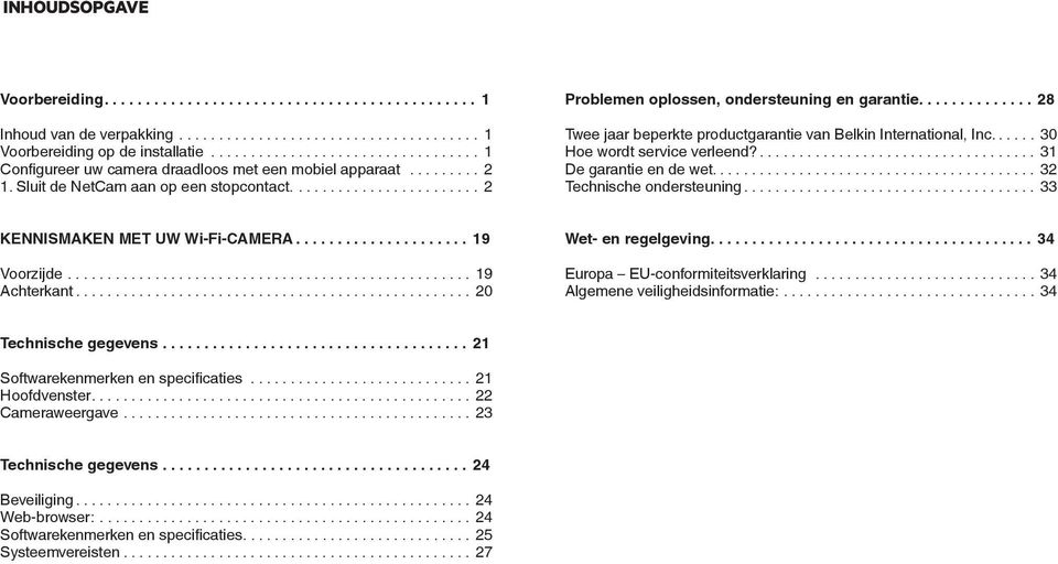 ... 31 De garantie en de wet.... 32 Technische ondersteuning... 33 KENNISMAKEN MET UW Wi-Fi-CAMERA... 19 Voorzijde... 19 Achterkant... 20 Wet- en regelgeving.... 34 Europa EU-conformiteitsverklaring.