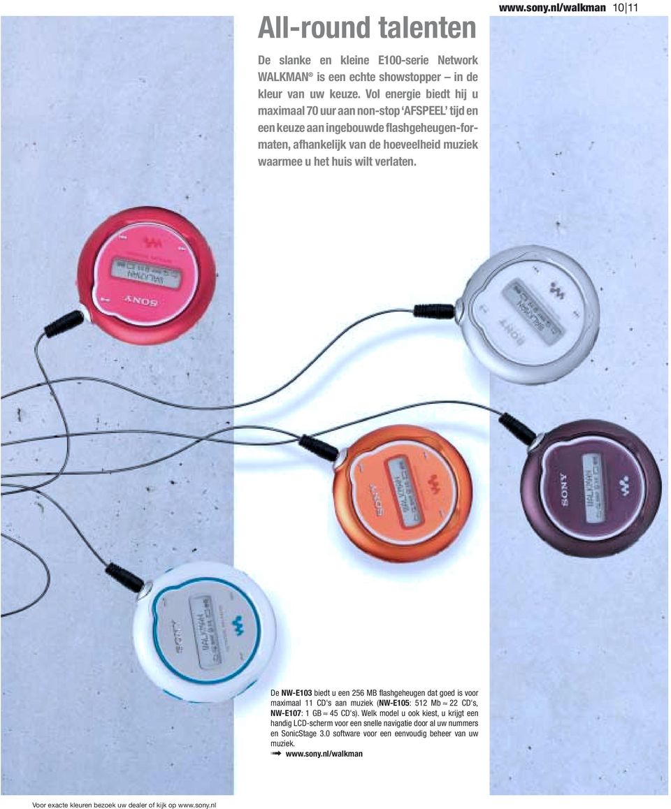 verlaten. www.sony.nl/walkman 10 11 De NW-E103 biedt u een 256 MB flashgeheugen dat goed is voor maximaal 11 CD's aan muziek (NW-E105: 512 Mb 22 CD's, NW-E107: 1 GB 45 CD's).