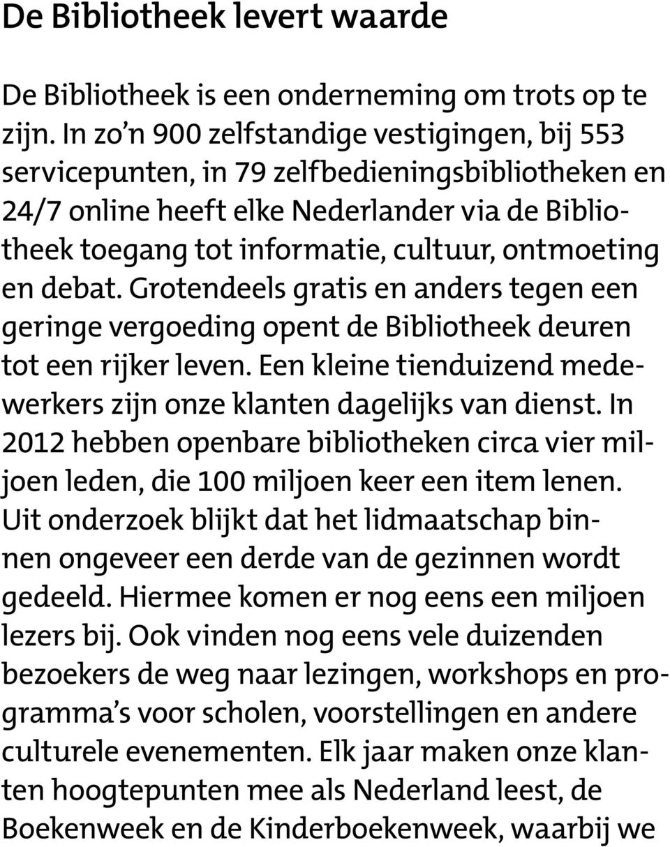 debat. Grotendeels gratis en anders tegen een geringe vergoeding opent de Bibliotheek deuren tot een rijker leven. Een kleine tienduizend medewerkers zijn onze klanten dagelijks van dienst.