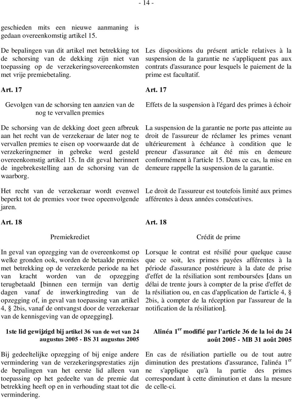 Les dispositions du présent article relatives à la suspension de la garantie ne s'appliquent pas aux contrats d'assurance pour lesquels le paiement de la prime est facultatif. Art. 17 Art.