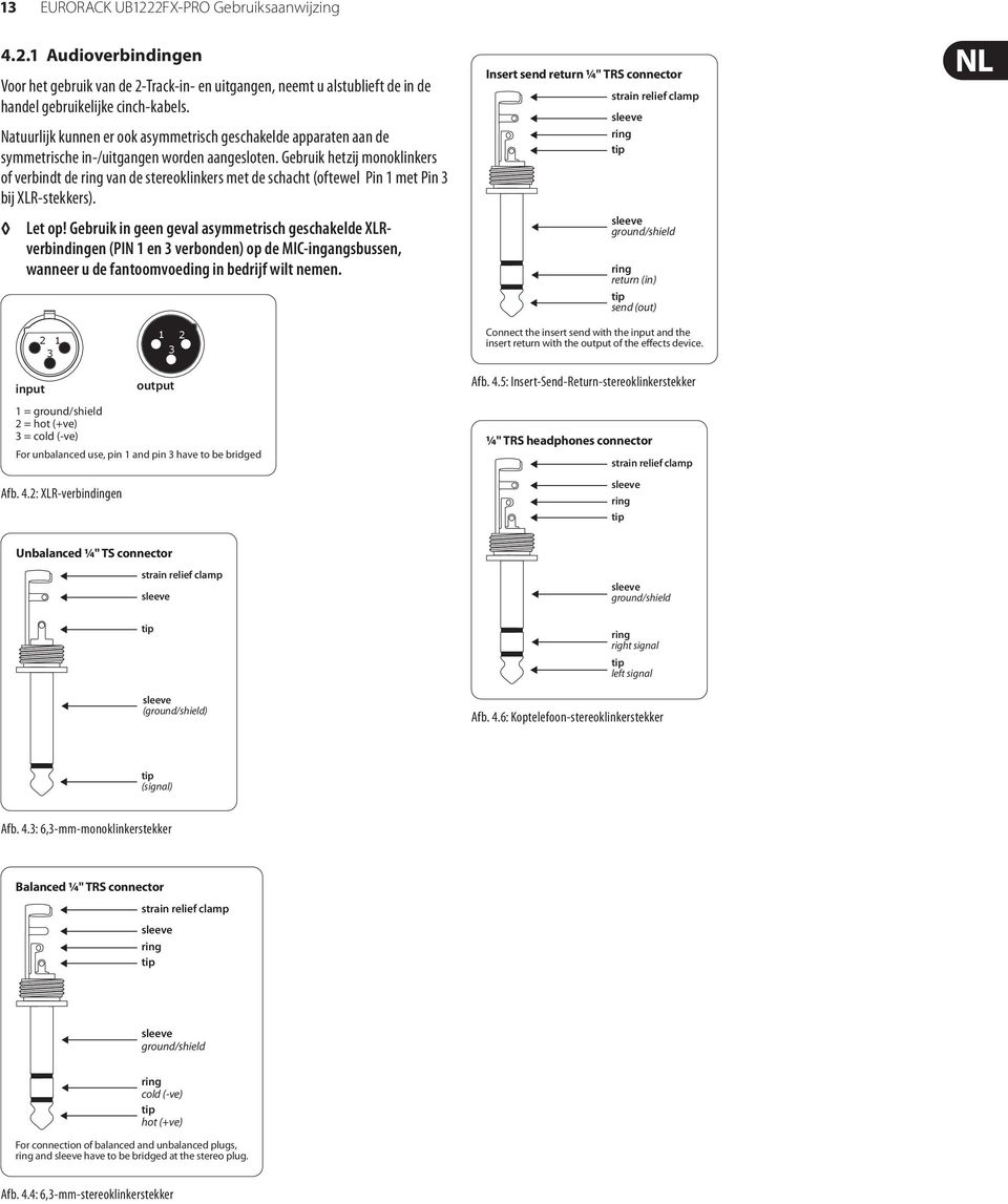 Gebruik hetzij monoklinkers of verbindt de ring van de stereoklinkers met de schacht (oftewel Pin 1 met Pin 3 bij XLR-stekkers). Let op!